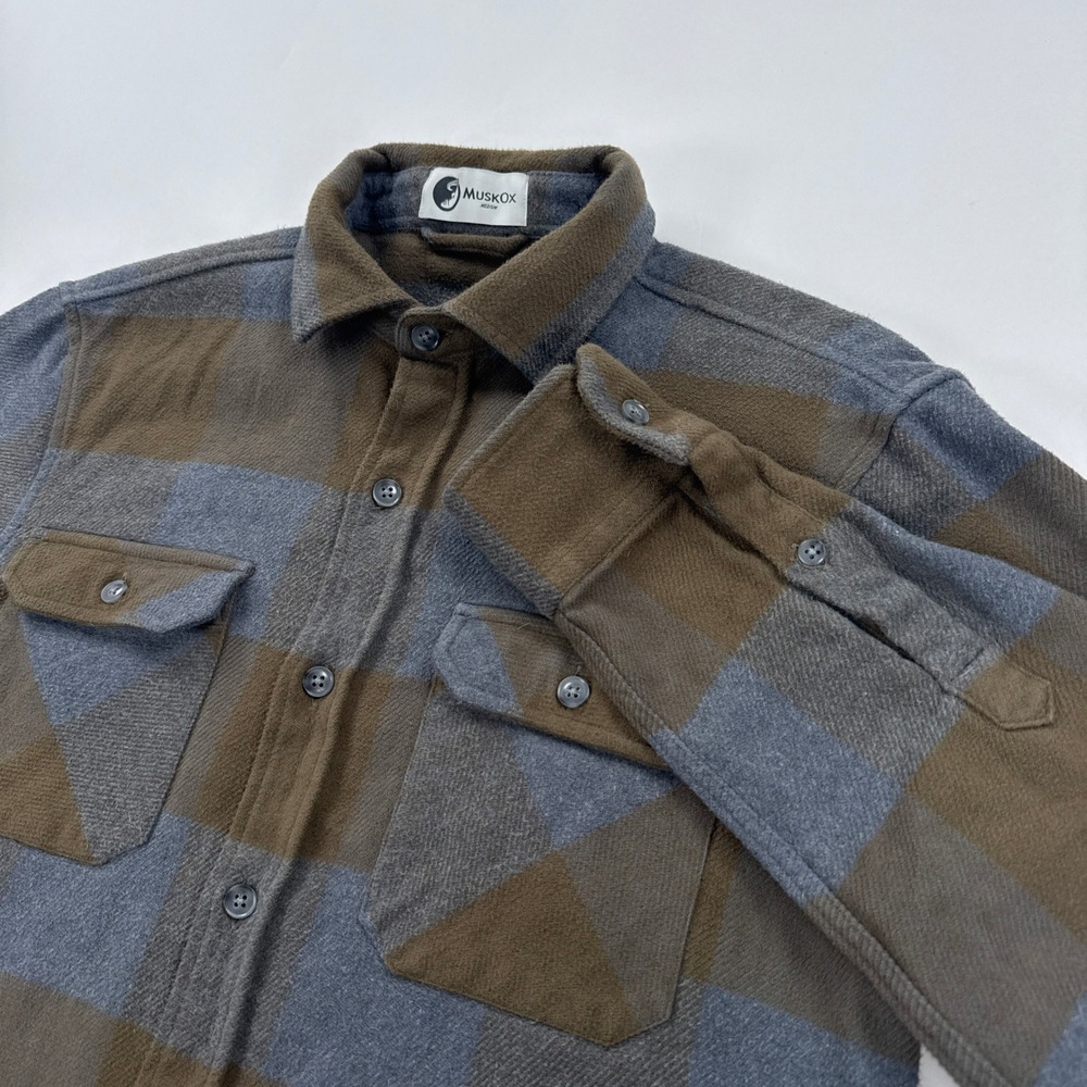 MuskOx Mens Flannel Shirt Medium Brown Blue Plaid Button Down Heavyweight Rugged